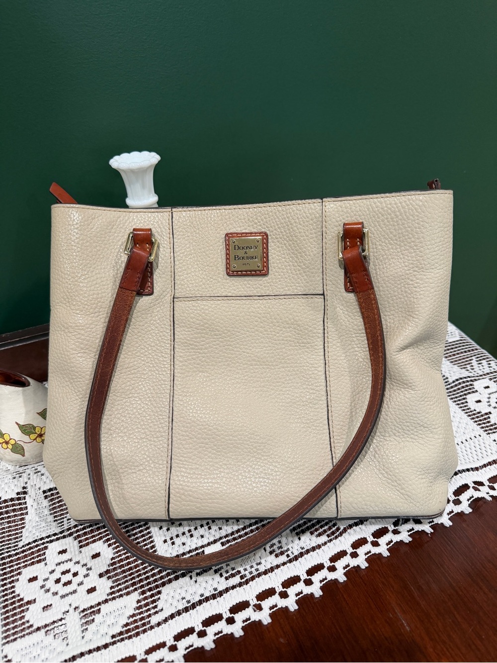 Dooney & Bourke Cream Pebbled Leather Shoulder Bag with Brown Leather